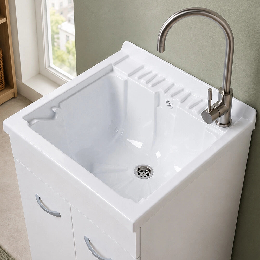Mobile lavatoio 50x41 cm bianco opaco con due ante e vasca incluso di asse di lavaggio e kit di scarico Medea
