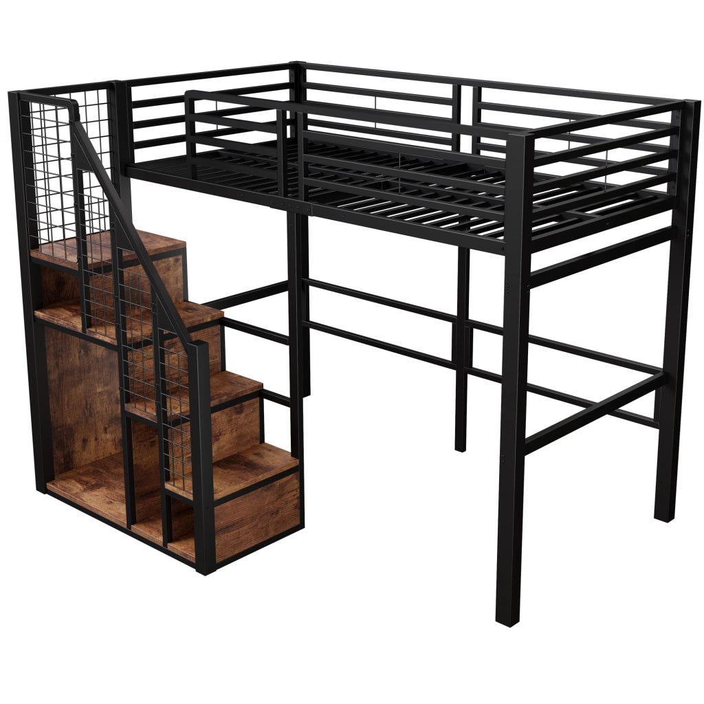 Letto a soppalco singolo 90 × 200 cm con scomparto portaoggetti e scaletta, senza materasso, in metallo, nero