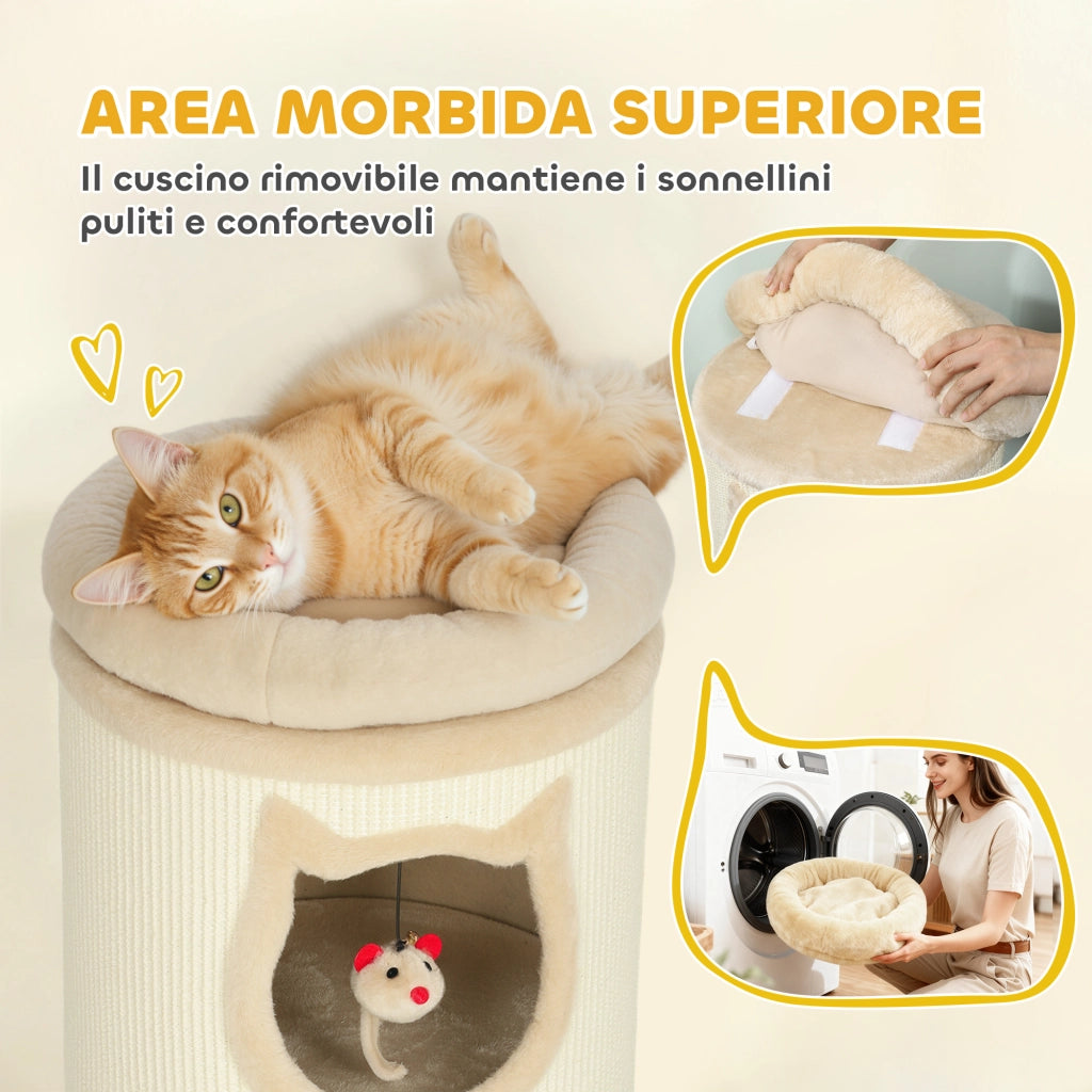 Torre Tiragraffi per Gatti Alta 96 cm con 3 Casette e Lettino Superiore Rimovibile e Lavabile Crema