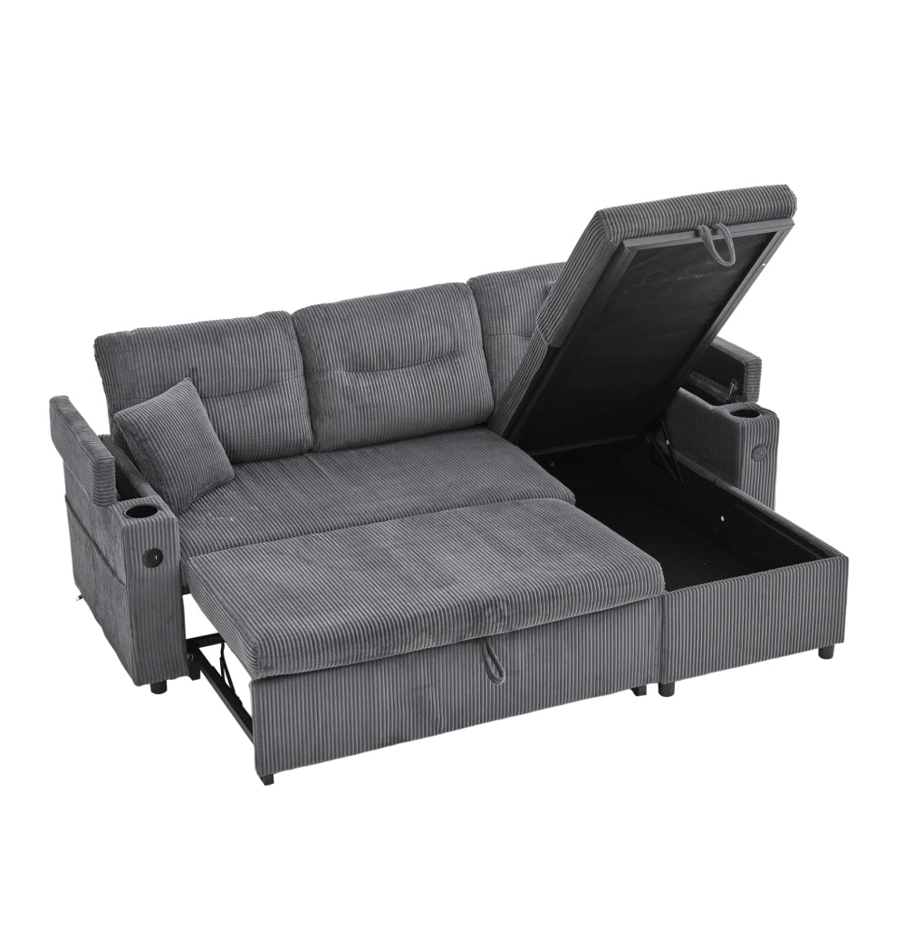 Divano letto 212.5x136x86 cm con penisola idraulica; letto estraibile in corduroy grigio carbone