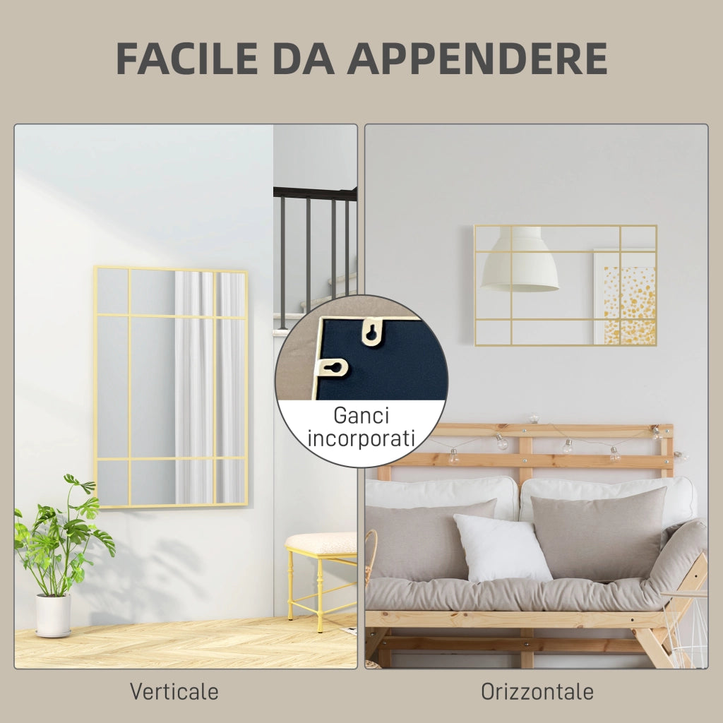Specchio da Parete Stile Finestra 90x60 cm con Montaggio Verticale e Orizzontale in Vetro Oro