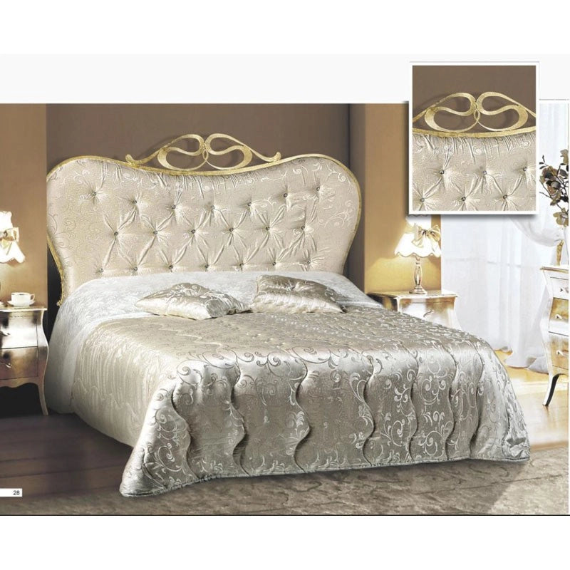 Letto matrimoniale in ferro con testiera imbottita tessuto damascato 172x202xh.140 cm