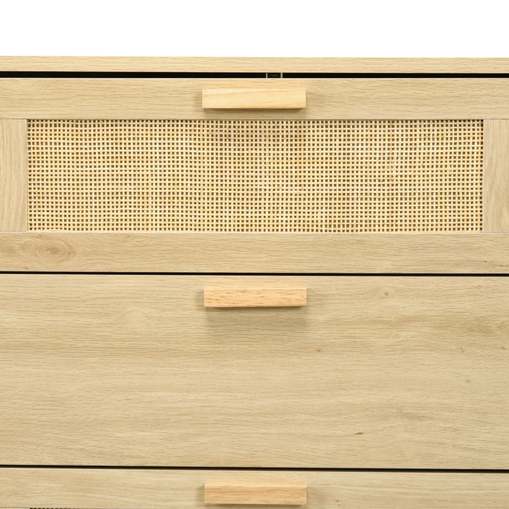 Cassettiera 6 Cassetti Stile Boho 110x40x69 cm in Legno e Rattan Rovere