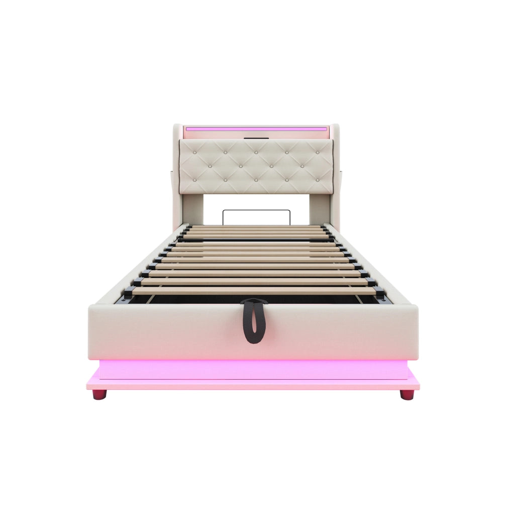 Letto singolo imbottito ULEVR 90x200 cm con contenitore idraulico, LED RGB, USB e Type-C, beige