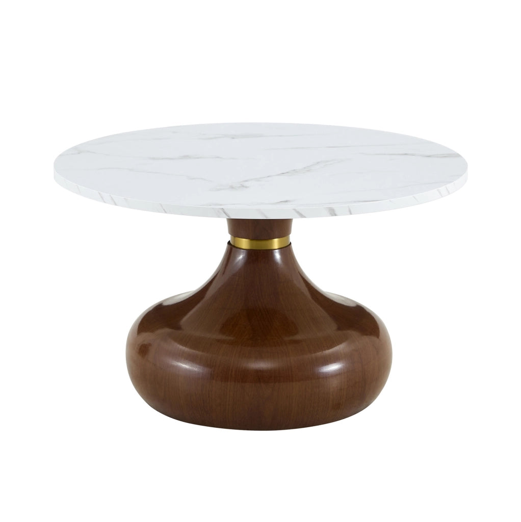 Set di 2 tavolini da caffè rotondi effetto marmo; base in metallo noce; bianco e noce