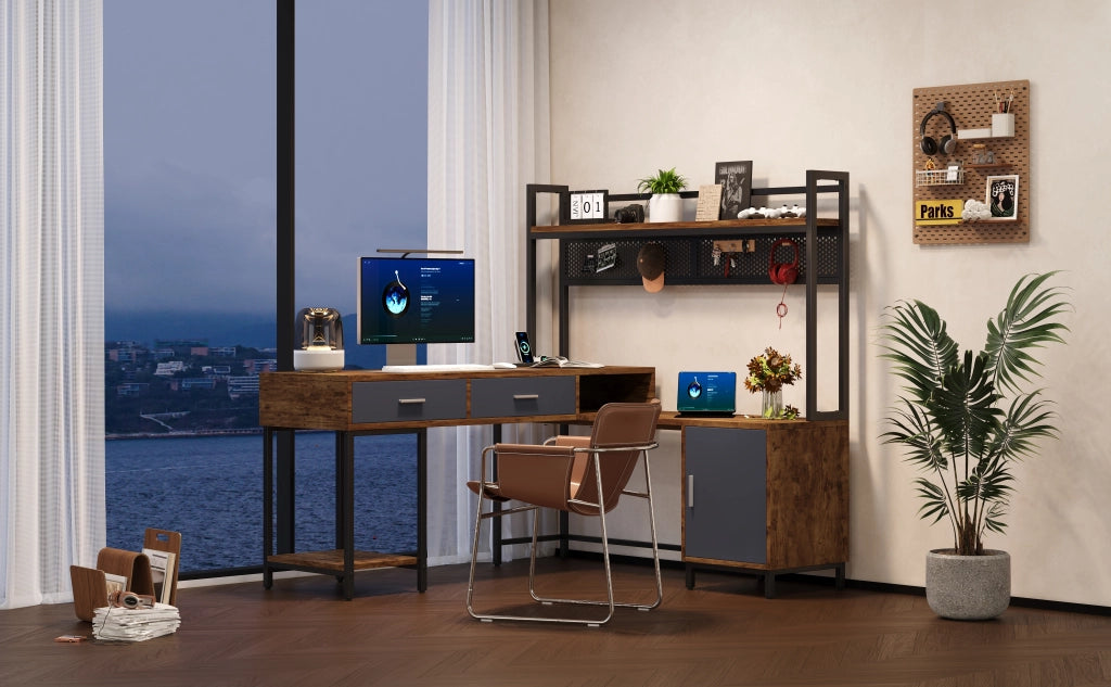 Scrivania angolare industriale 140x140x135 cm con cassetti e anta, struttura in MDF e metallo nero