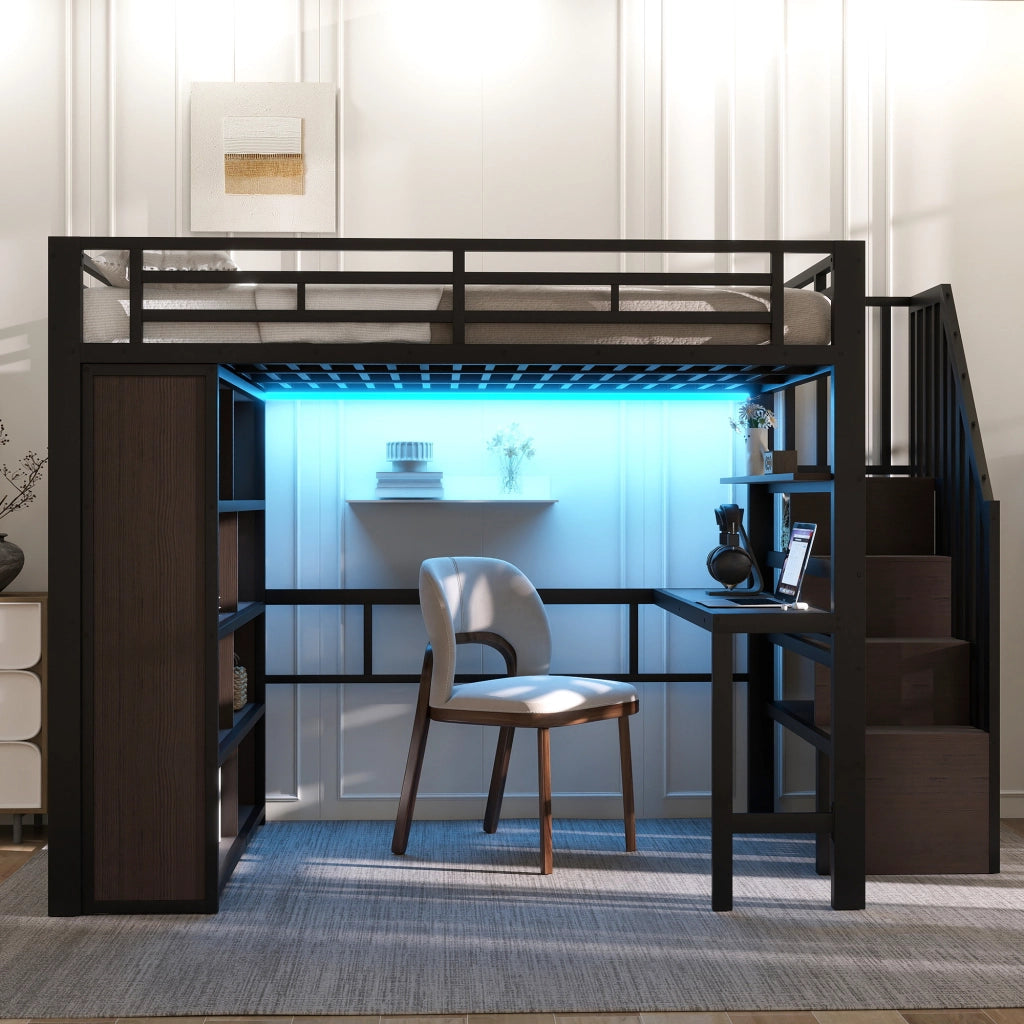 LETTO a soppalco 140x200 cm in metallo nero con scrivania e LED