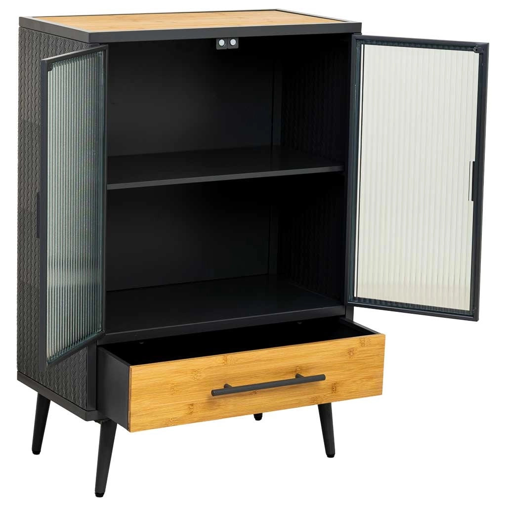 Vetrina in metallo, legno e vetro, 1 cassetto, nero, 61x32x90,5h cm