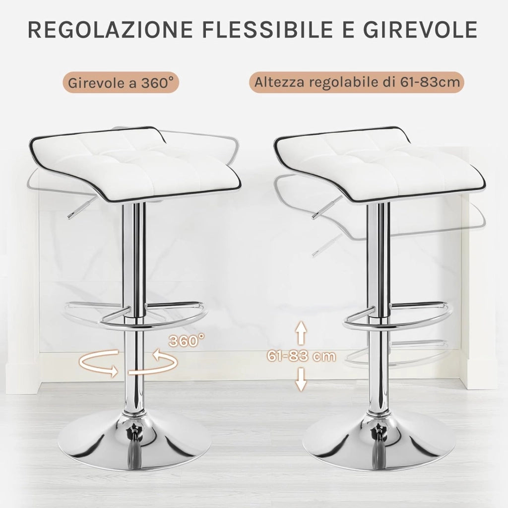 Sgabello da Cucina/Bar, Sedia da Bancone con Poggiapiedi, Altezza Regolabile, Girevole a 360°, Rivestimento in PU, Struttura in Metallo, per Cucina, Soggiorno, Bar, Caffè, Bianco