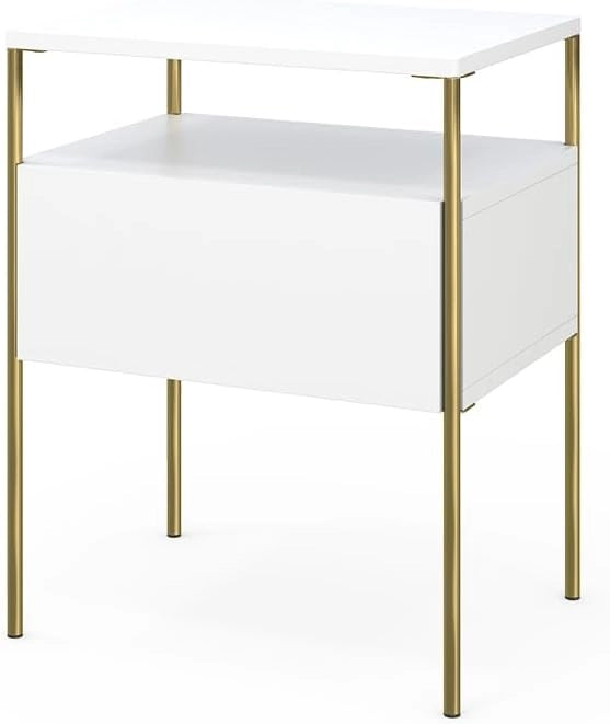 Comodino camera da letto Mira, Bianco/Oro, 40 x 50 cm, utilizzabile per riporre oggetti quotidiani e come tavolino d'appoggio