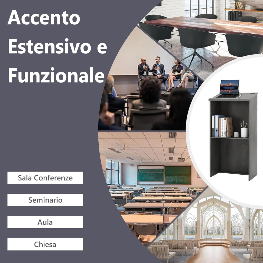 COSTWAY Leggio per Oratori, Podio per Conferenza con Ripiani e Fori per Cavi, Leggio da Pulpito in Legno per Aula, Ufficio, Ristorante e Seminario (Grigio)