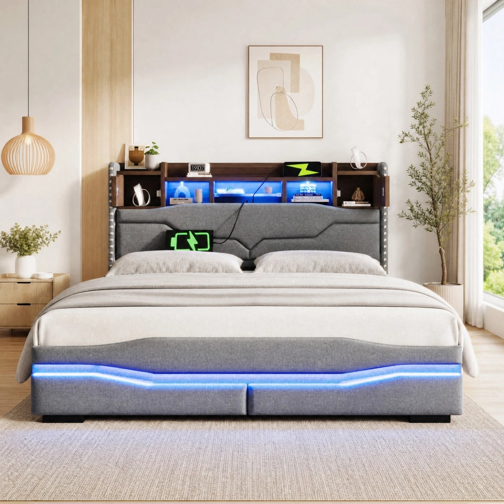 Letto matrimoniale 160x200 cm imbottito in lino grigio con contenitore idraulico e luci LED