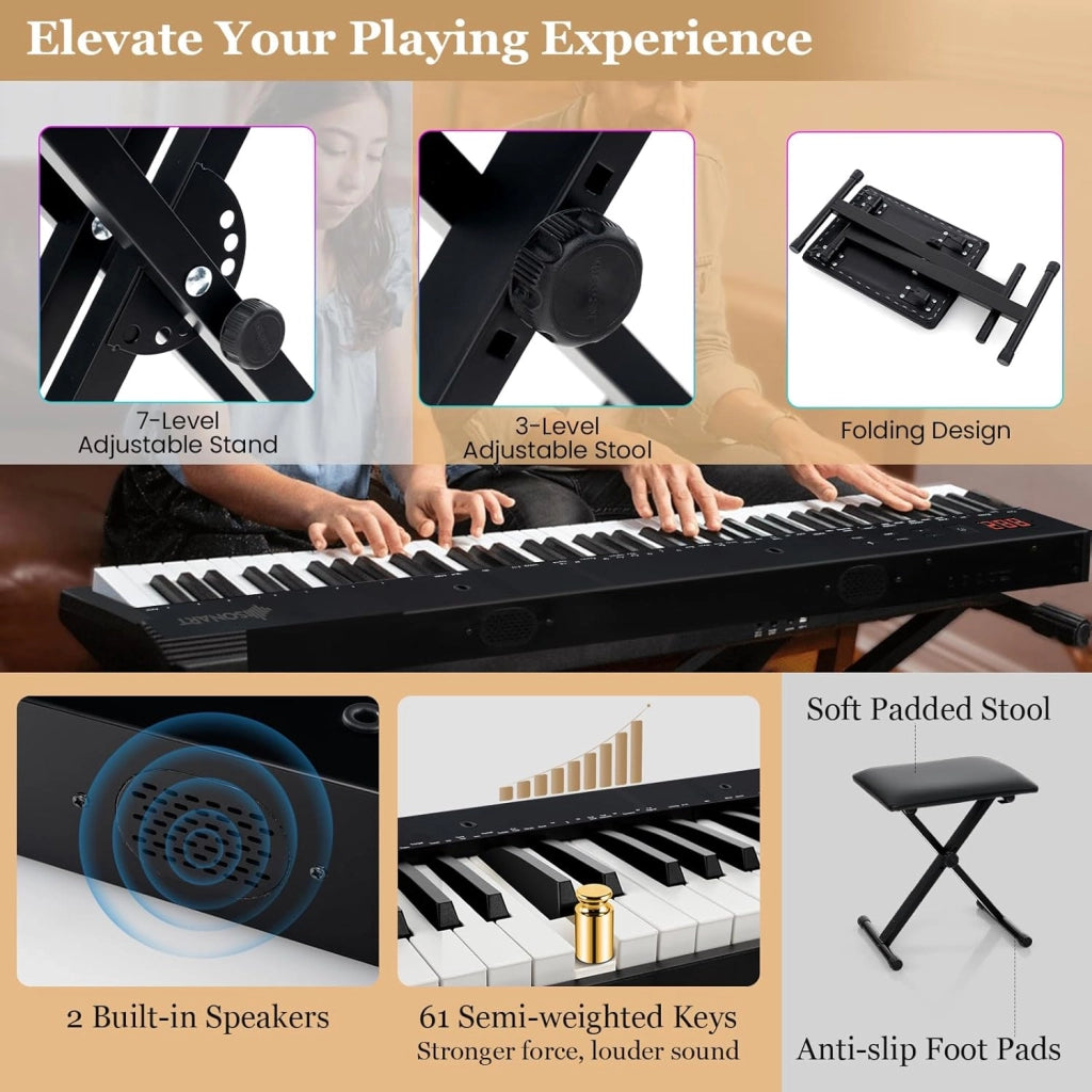 Pianoforte Digitale 61 Tasti Semi-Ponderati, Tastiera Musicale con Supporto e Sgabello, Digial Piano con Tasti Semi-Pesati, Funzione Audio MIDI Wireless, Leggio, Pedale di Sustain e Borsa