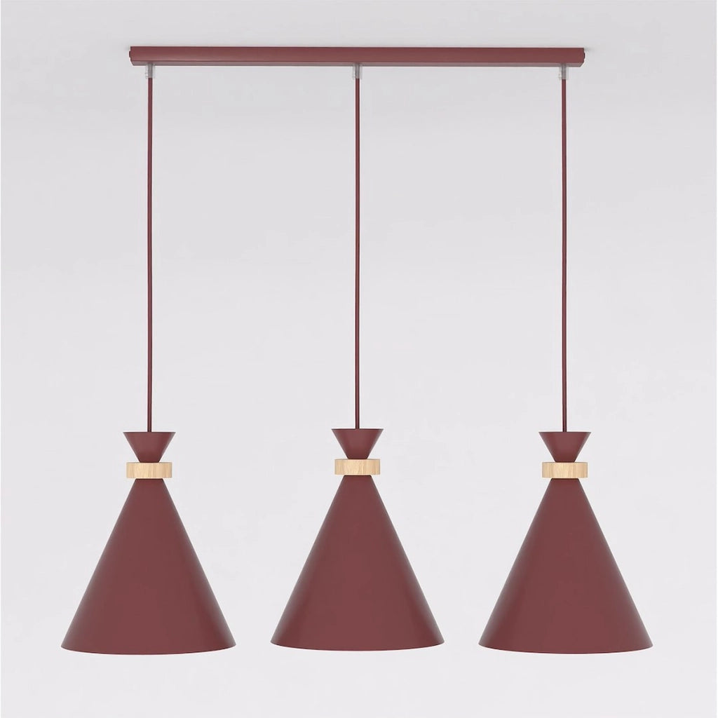 Lampada a sospensione Zero in acciaio bordeaux e legno
