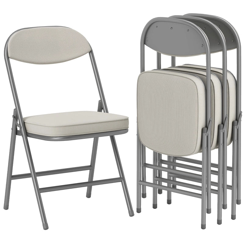 Set 4 sedie pieghevoli imbottite in tessuto effetto corda, struttura in metallo, portata 120 kg, bianco crema