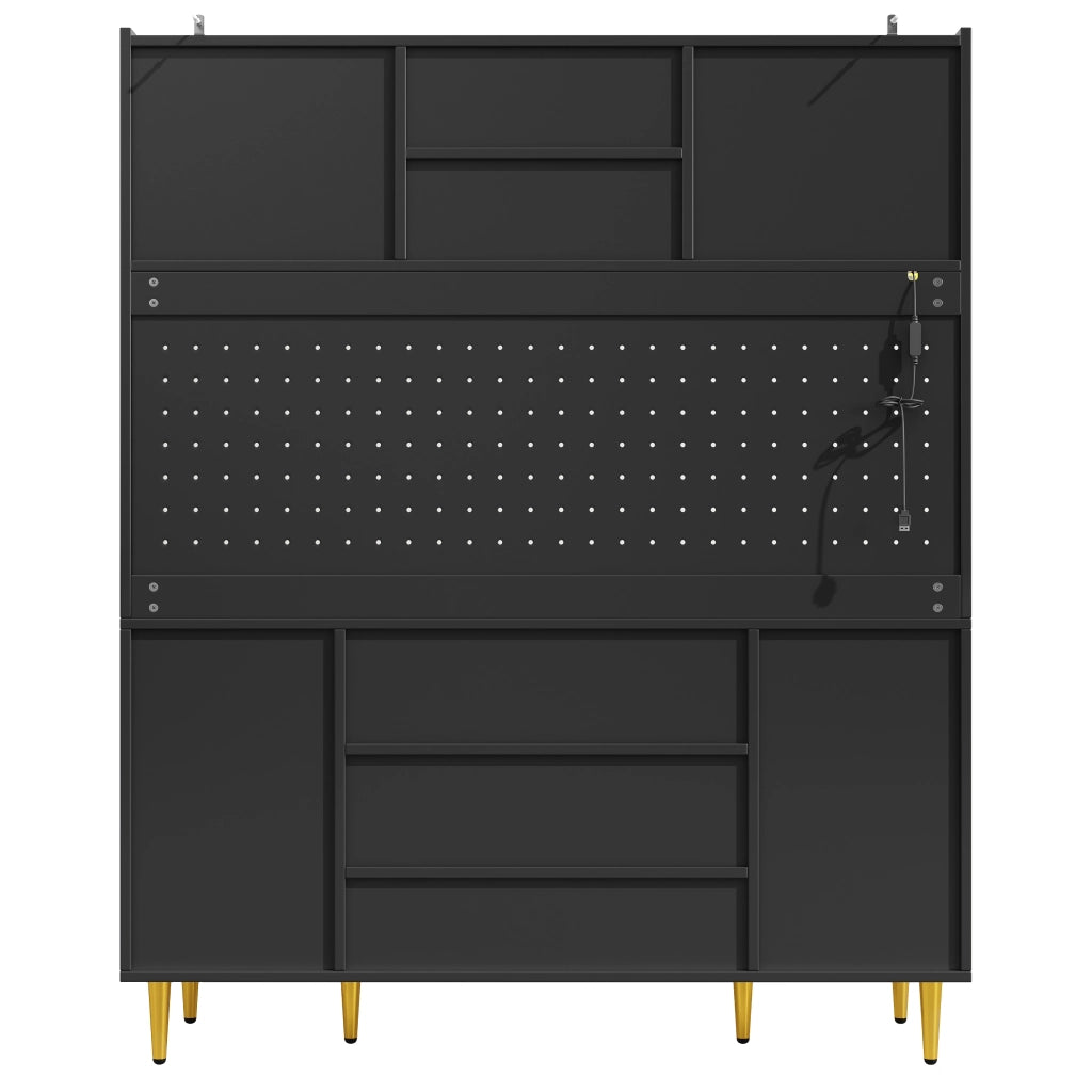 Credenza e madia con LED smart, vani aperti e cassetti, per cucina e sala da pranzo, nero, 140 × 40 × 180 cm
