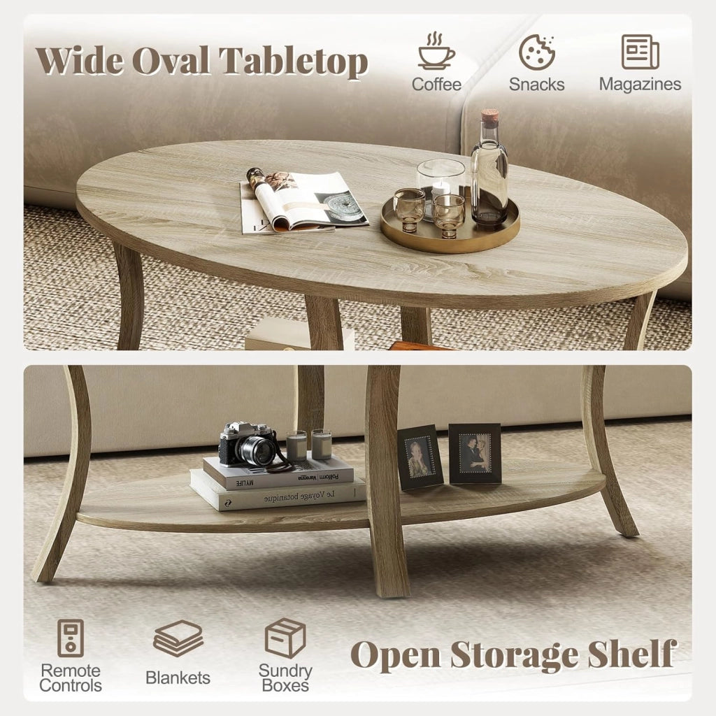 Tavolino da Centro a 2 Livelli, Tavolino Ausiliario Ovale con Gambe Curvate, Venatura del Legno, Piedini Antiscivolo, Ripiano per Soggiorno, Studio, Sala d'Attesa, Grigio/Rovere (Naturale)