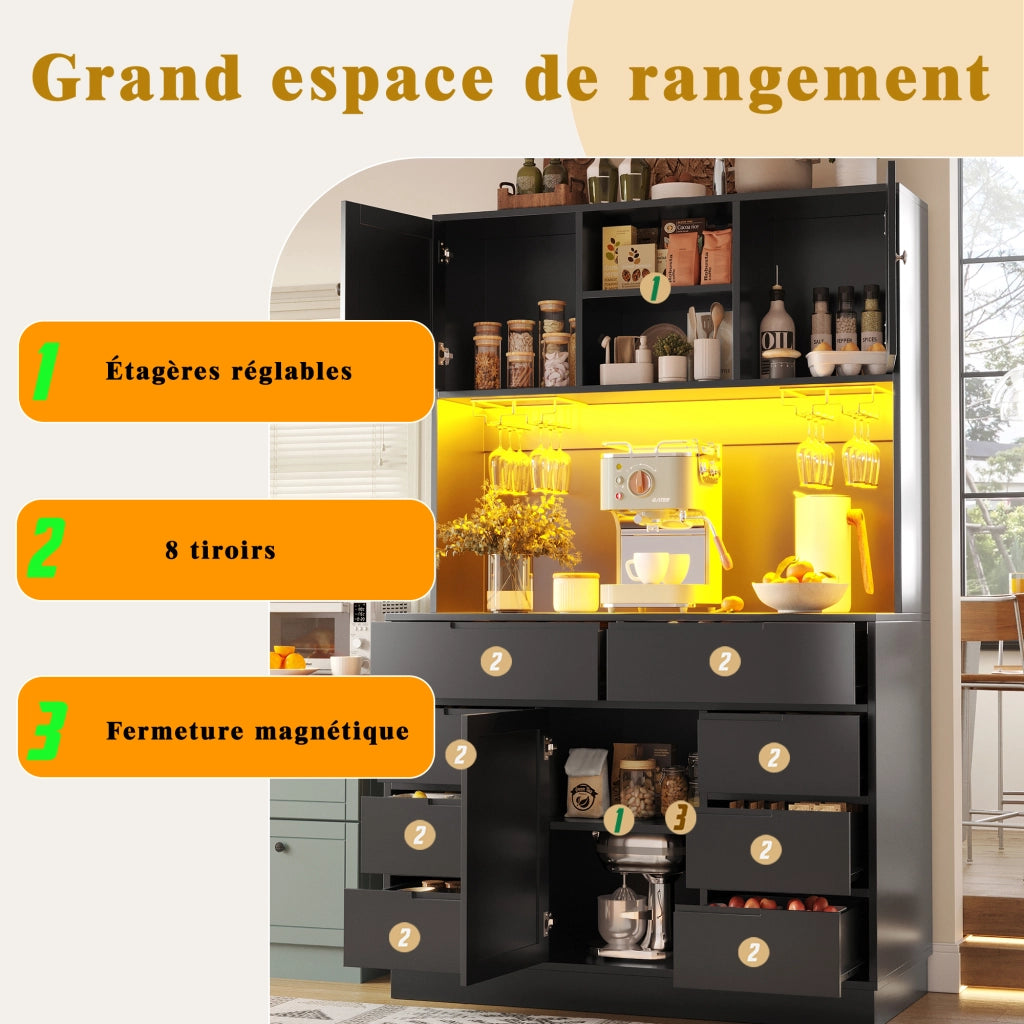 OKWISH Credenza Alta da Cucina con 8 Cassetti, Ripiani Regolabili e LED con USB, per Cucina, MDF, 120 x 40 x 183.5 cm