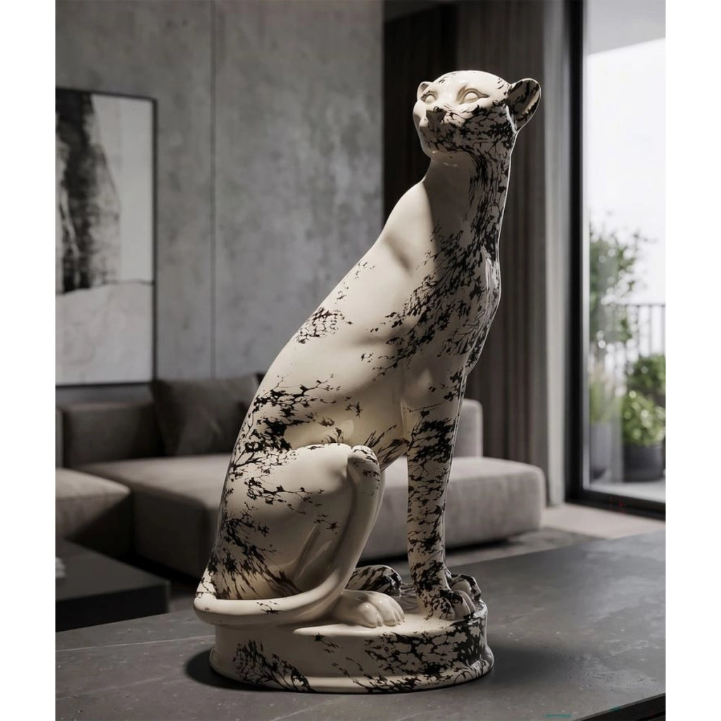 Scultura leopardo in poliresina bianco e nero