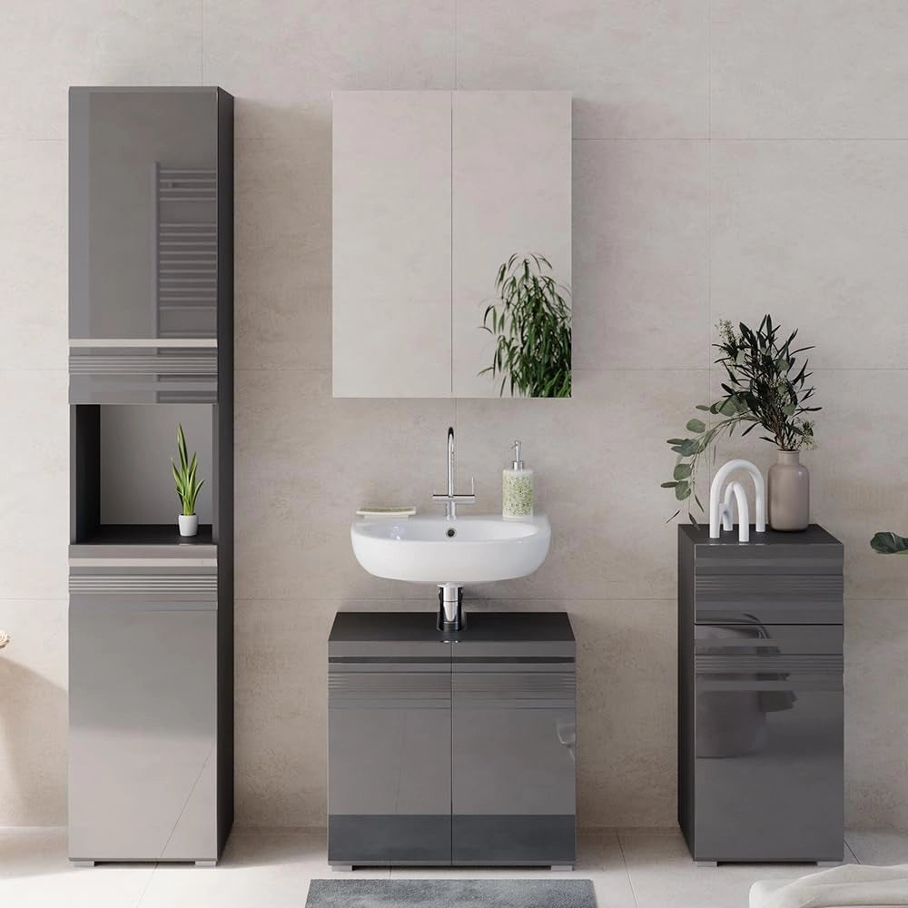 Set mobili bagno Fredd, Antracite lucido, 56 cm, composto da mobile lavabo, pensile a specchio, colonna e base media