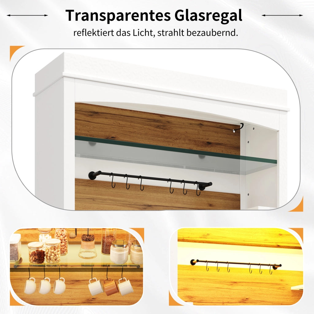 Set di 2 credenze alte con LED RGB, ripiano in vetro e 6 ganci, per cucina e sala da pranzo, bianco, 107 × 34 × 184 cm
