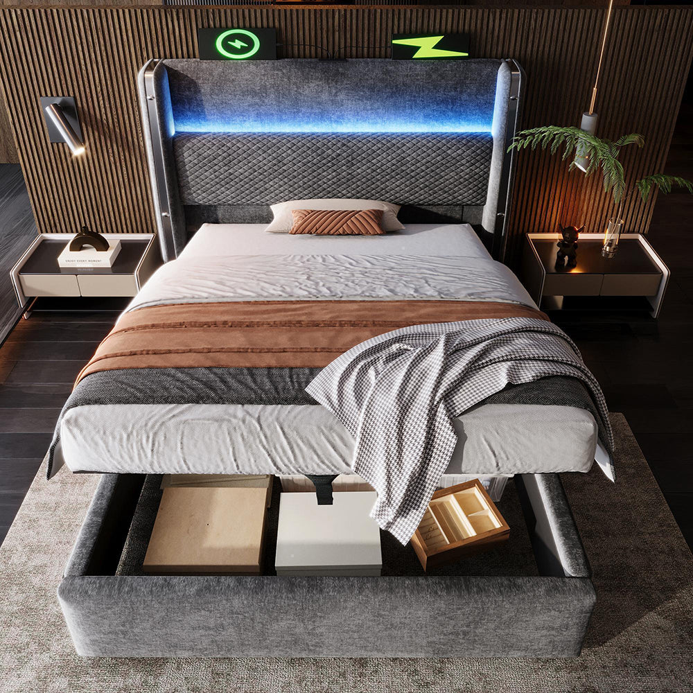 Letto 90x200cm?- Xylo - idraulico LED USB lino grigio