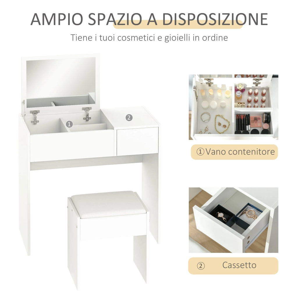 Consolle Trucco con Specchio e Sgabello 80x40x79 cm in Legno Bianca