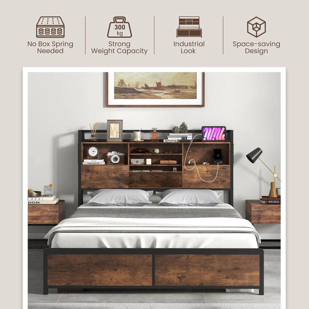 Telaio per letto in metallo industriale, con testata di stoccaggio e stazione di ricarica, con piattaforme matrimoniali/queen con doghe in metallo, design senza rumore (223,5 x 156 cm)