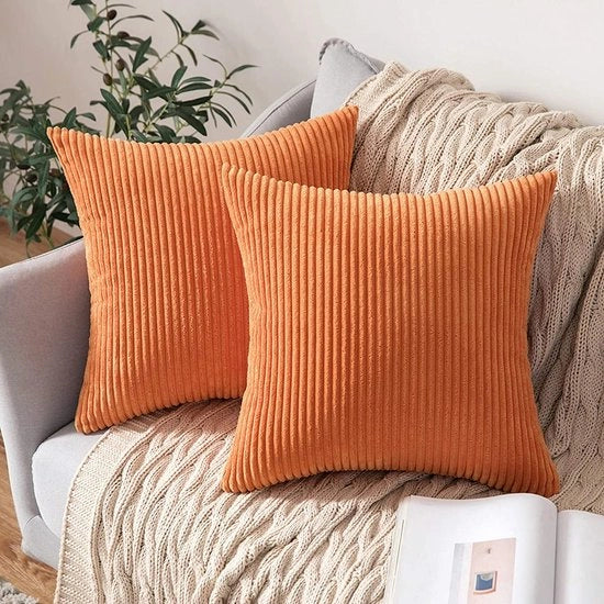 Set di 2 cuscini copritela, corduroy, copritela decorativa per cuscino, cuscino per divano, cuscino decorativo, copritela decorativa con chiusura a zip nascosta, 45 x 45 cm, arancione