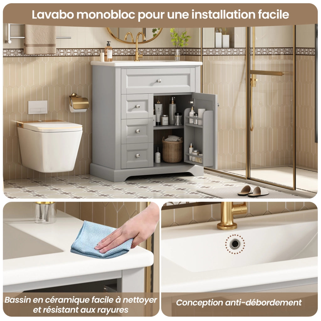 Mobile sottolavabo con lavabo in ceramica, 1 anta, 3 cassetti e ripiani, per bagno, grigio, 76 × 46 × 87 cm