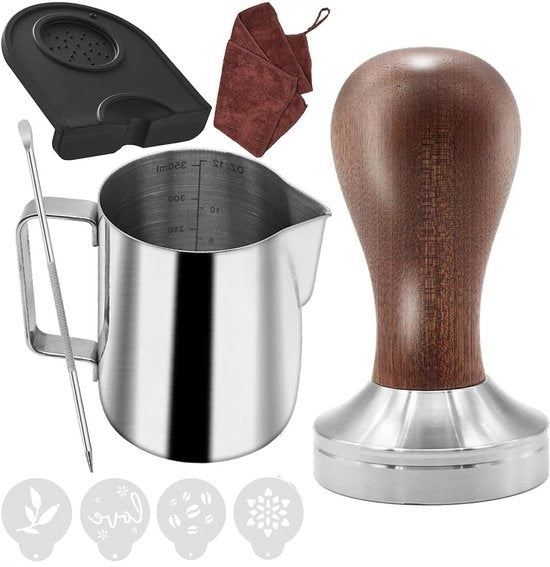 Kit di preparazione per barista 51 mm per macchina portafiltro - timoniera in legno con matita per timoniera, termos per latte (350 ml), asciugamano, pennello per latte art e stencil decorativo