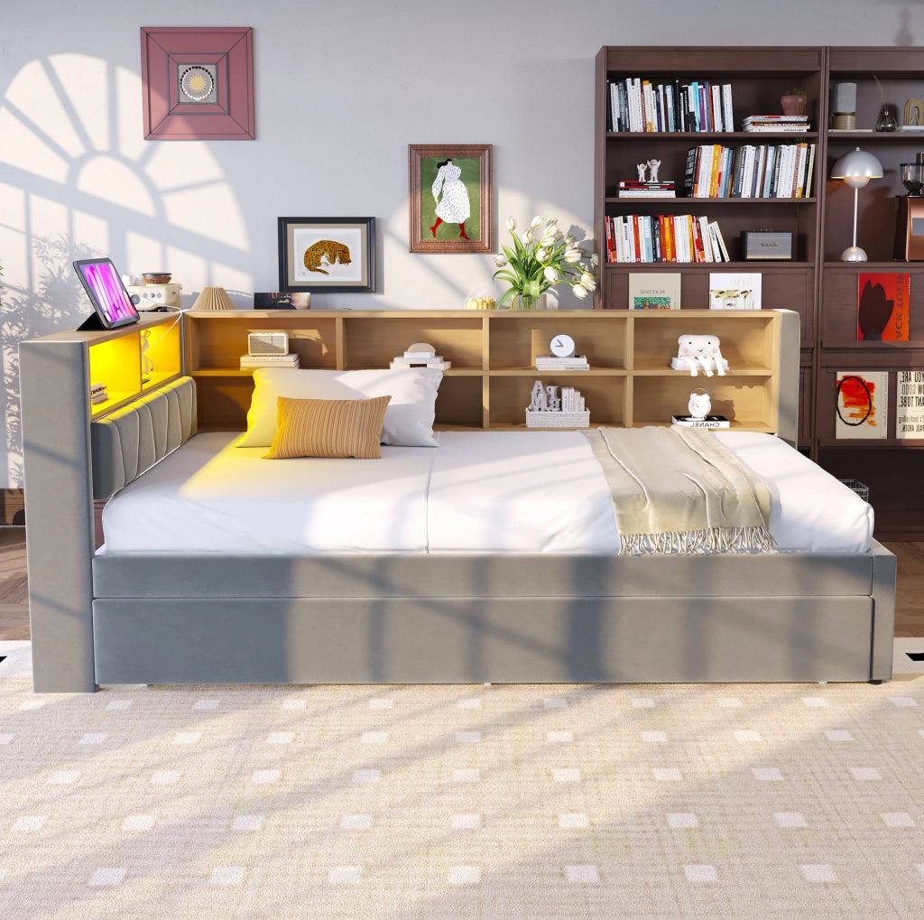 Divano letto 90x200 cm con letto estraibile; LED e prese in flanella grigio scuro