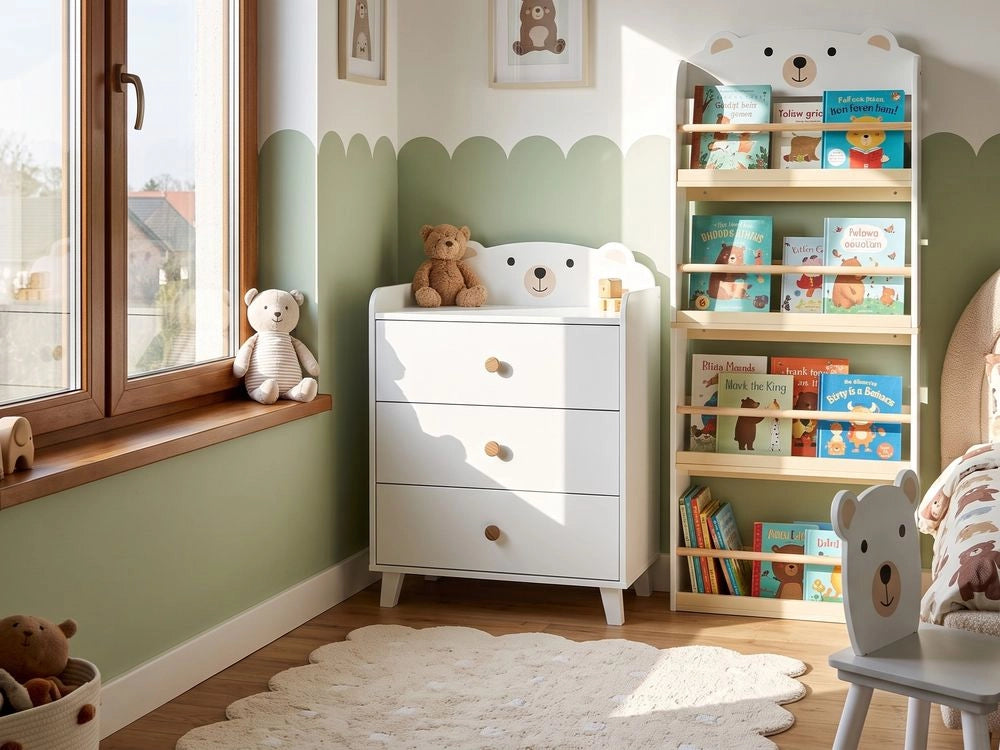 Cassettiera a 3 Cassetti per Bambini in Stile Scandinavo a Tema Animale Bianco in MDF e Gambe in Legno di Pino