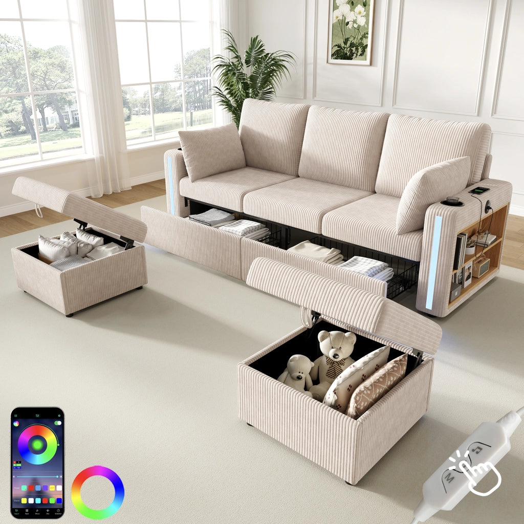 DIVANO Modulare U/L 190x130x85 cm in corda Beige con 2 pouf contenitore
