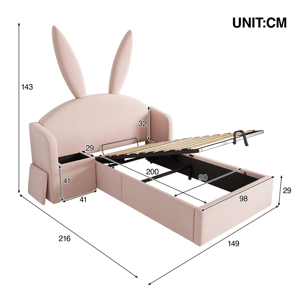 Letto imbottito 90x200 cm con comodino e contenitore in velluto rosa