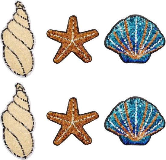 Set di 6 applicazioni di sequins a forma di stella marina in forma di conchiglia con colla a caldo per tessuti, da applicare con l'acqua calda o con l'adesivo per tessuti