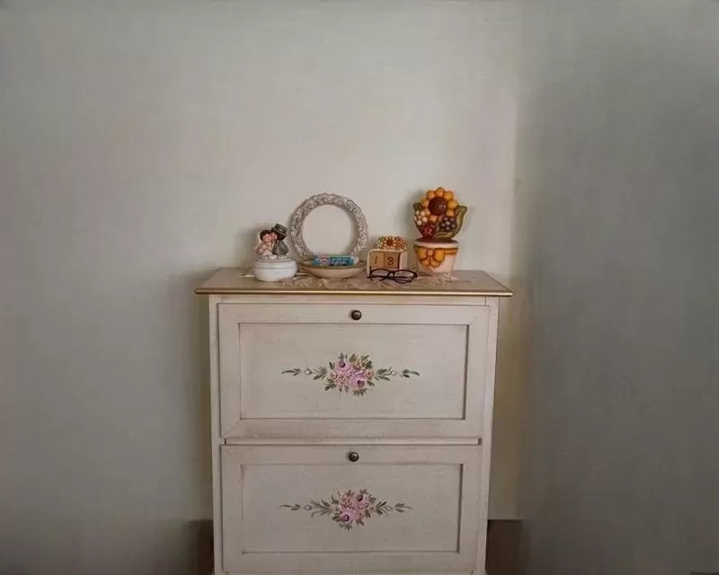 Scarpiera 5 ante ribalta legno shabby avorio anticato filo oro 79x30x210 - Mobili 2G