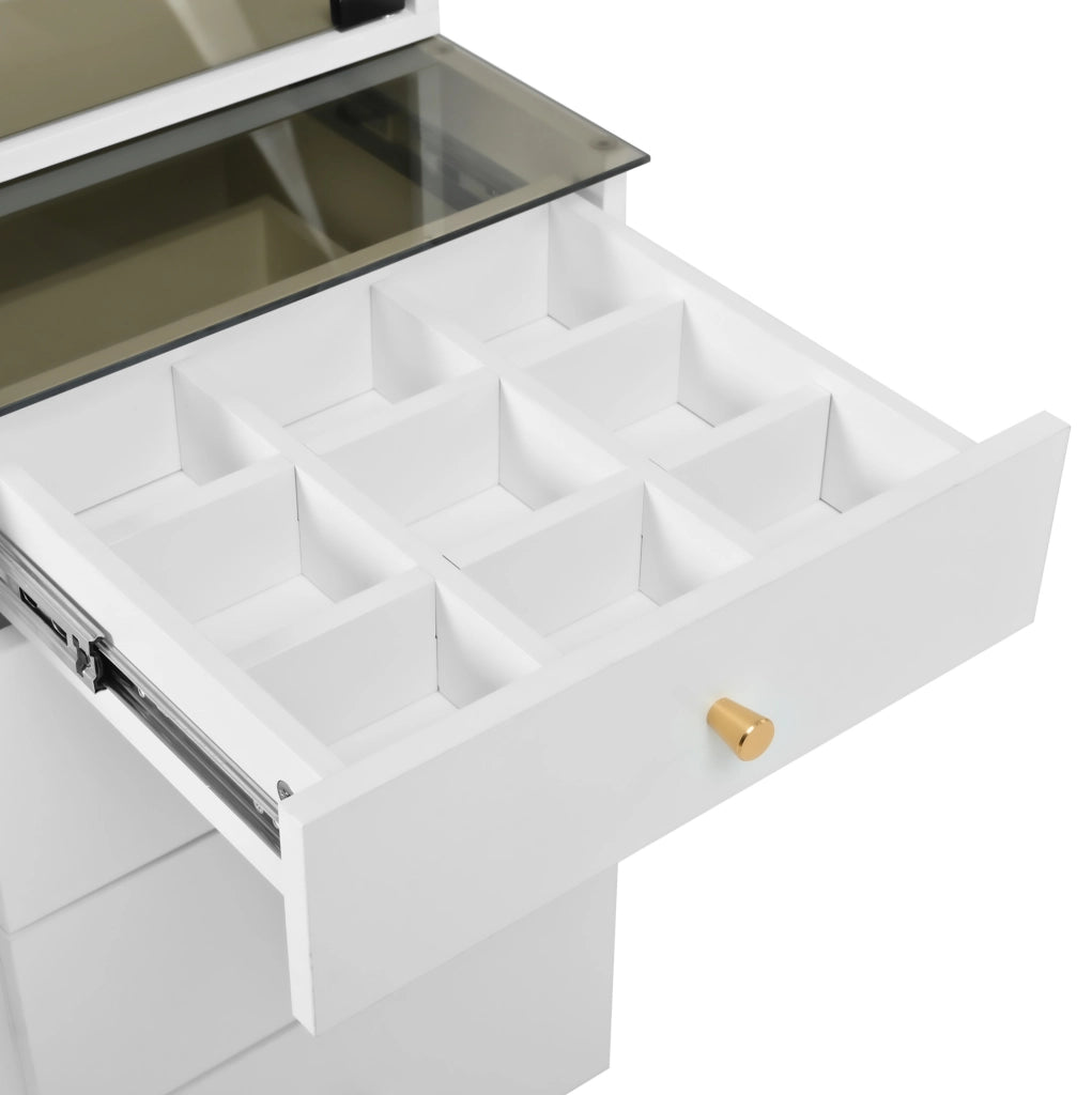 Tavolo da toeletta bianco con specchio LED e 5 cassetti