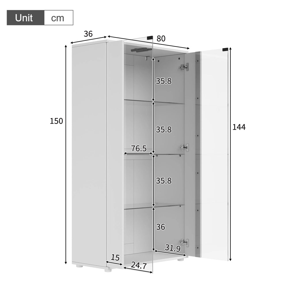 Vetrina con 2 ante in vetro e 4 ripiani - per soggiorno - 80×36×150.5 cm - bianco