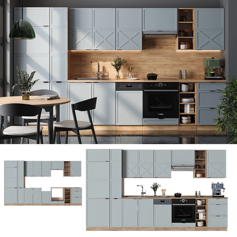 Cucina componibile Fame-Line Blu-grigio chiaro/Rovere dorato 355 cm senza piano di lavoro Vicco