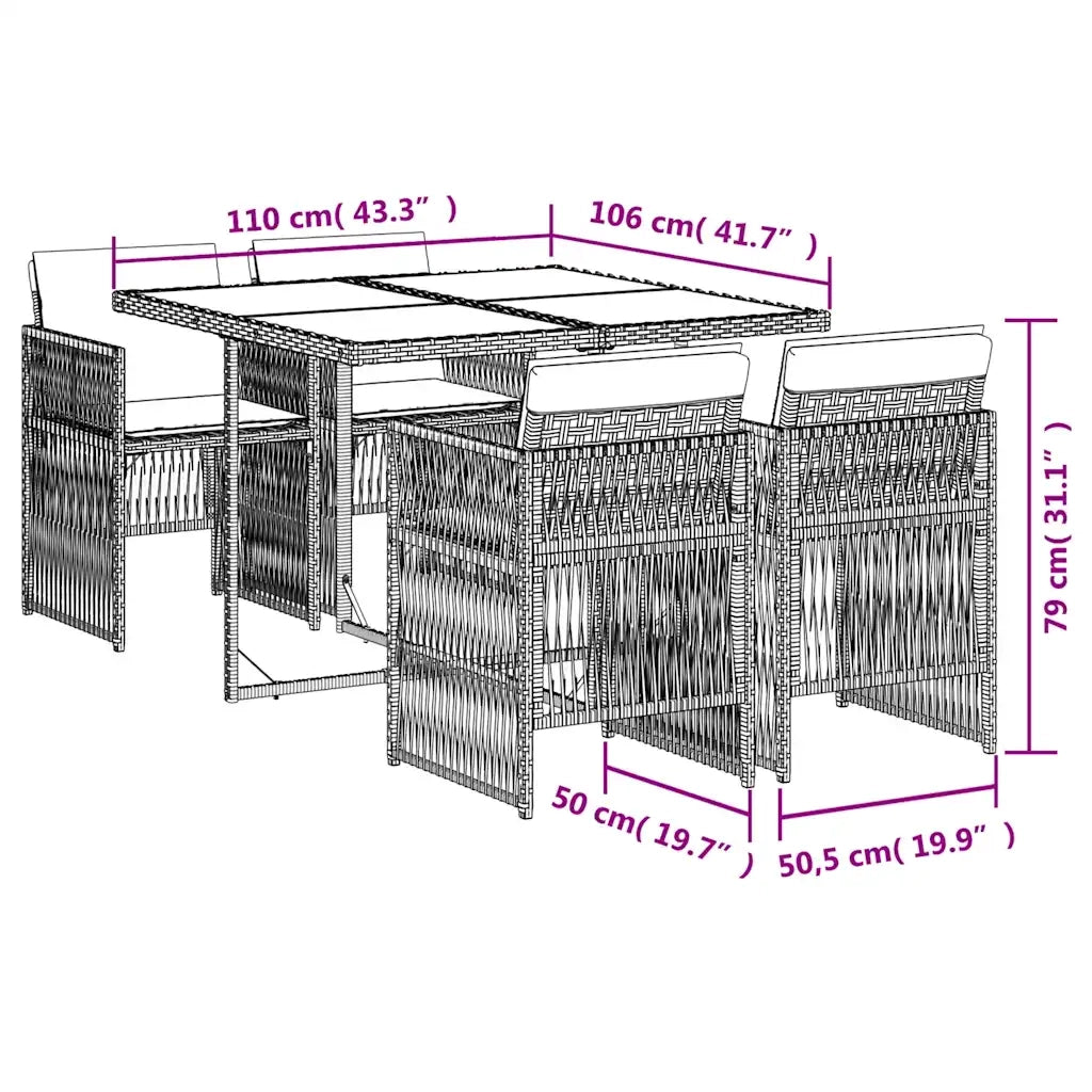 Set da Pranzo da Giardino 5 pz con Cuscini in Polyrattan Grigio