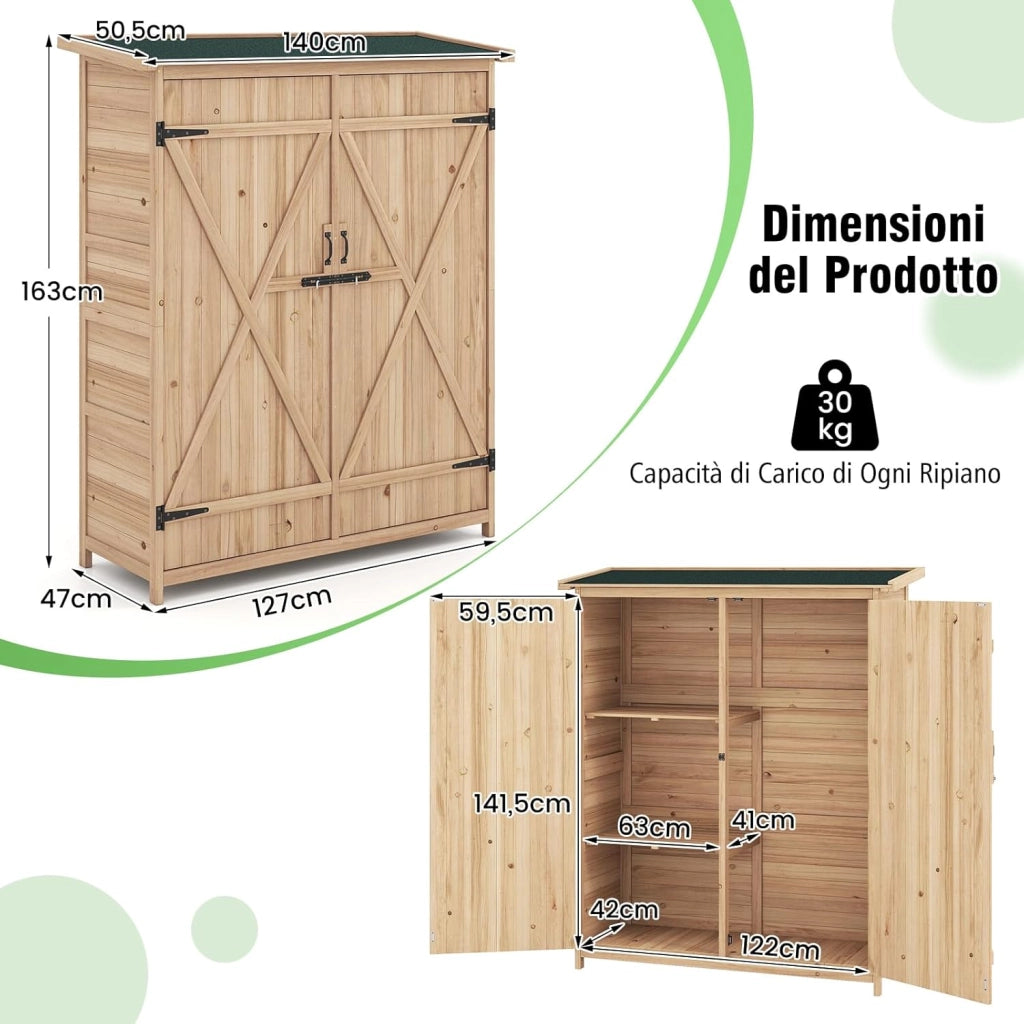 Armadio da Esterno in Legno Massello, Casetta Porta Attrezzi per Esterno con 2 Ripiani Rimovibili, Porte Bloccabili e Tetto Inclinato in Asfalto Impermeabile per Giardino, Cortile e Patio