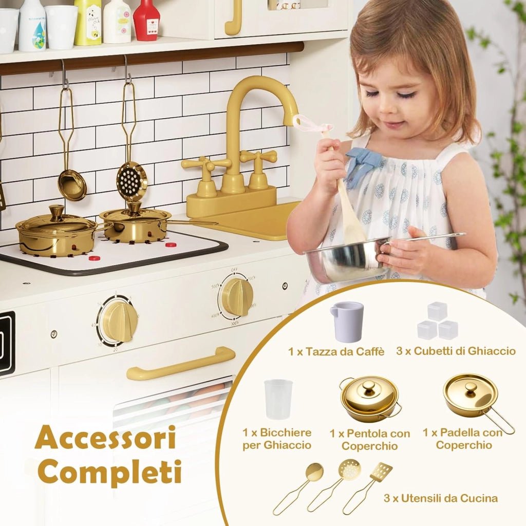 Cucina Giocattolo per Bambini, Set Cucina Gioco in Legno con Macchina per Ghiaccio, Caffettiera, Lavastoviglie e Accessori, Luci e Suoni, Regalo di Ruolo per Bambini 3+ Anni