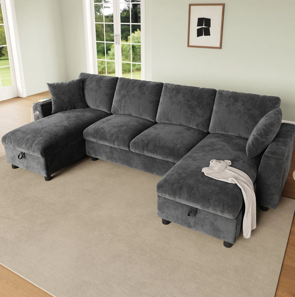 Divano a U ULEVR 279x135x84 cm in ciniglia grigia con 2 chaise longue contenitore, USB e Type-C