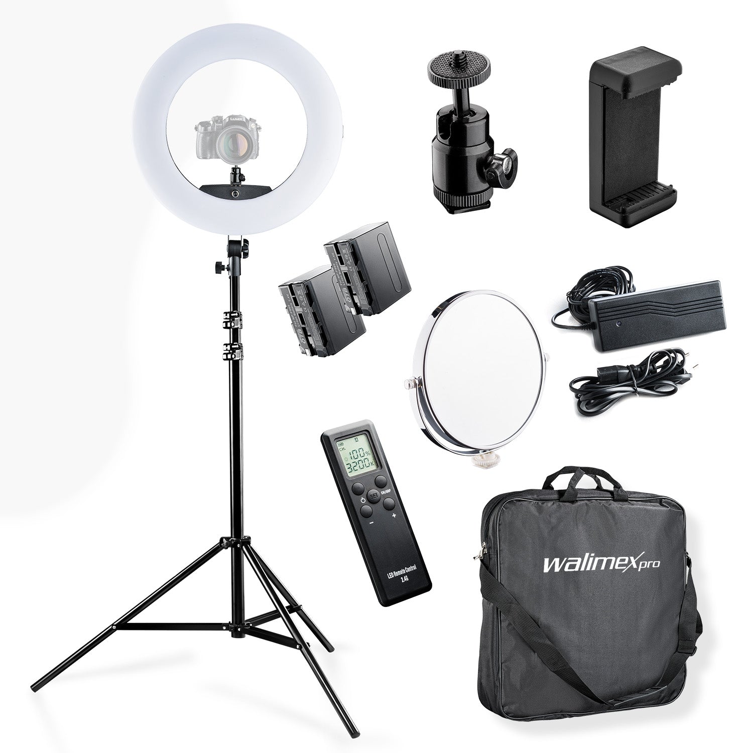 Medow 960 Pro Set di luci anulari a LED con treppiede e batterie NP-F, luce anulare bicolore, luce video dimmerabile con telecomando 96 W, treppiede per lampada con ammortizzazione a molla