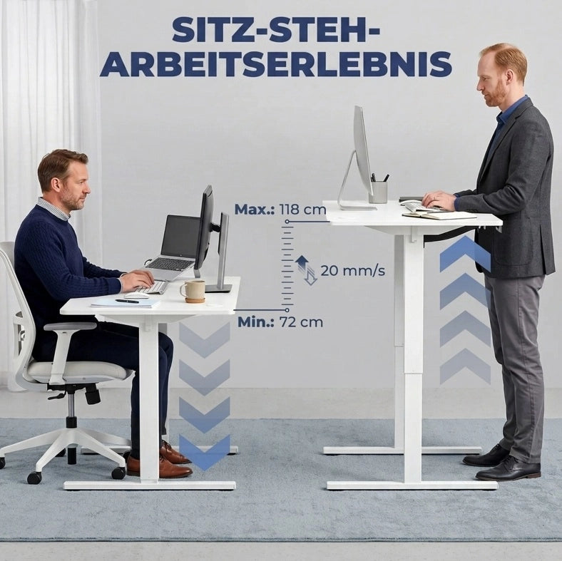 Scrivania regolabile in altezza con memoria, doppio passacavi e display LED, 140x60 cm, bianca