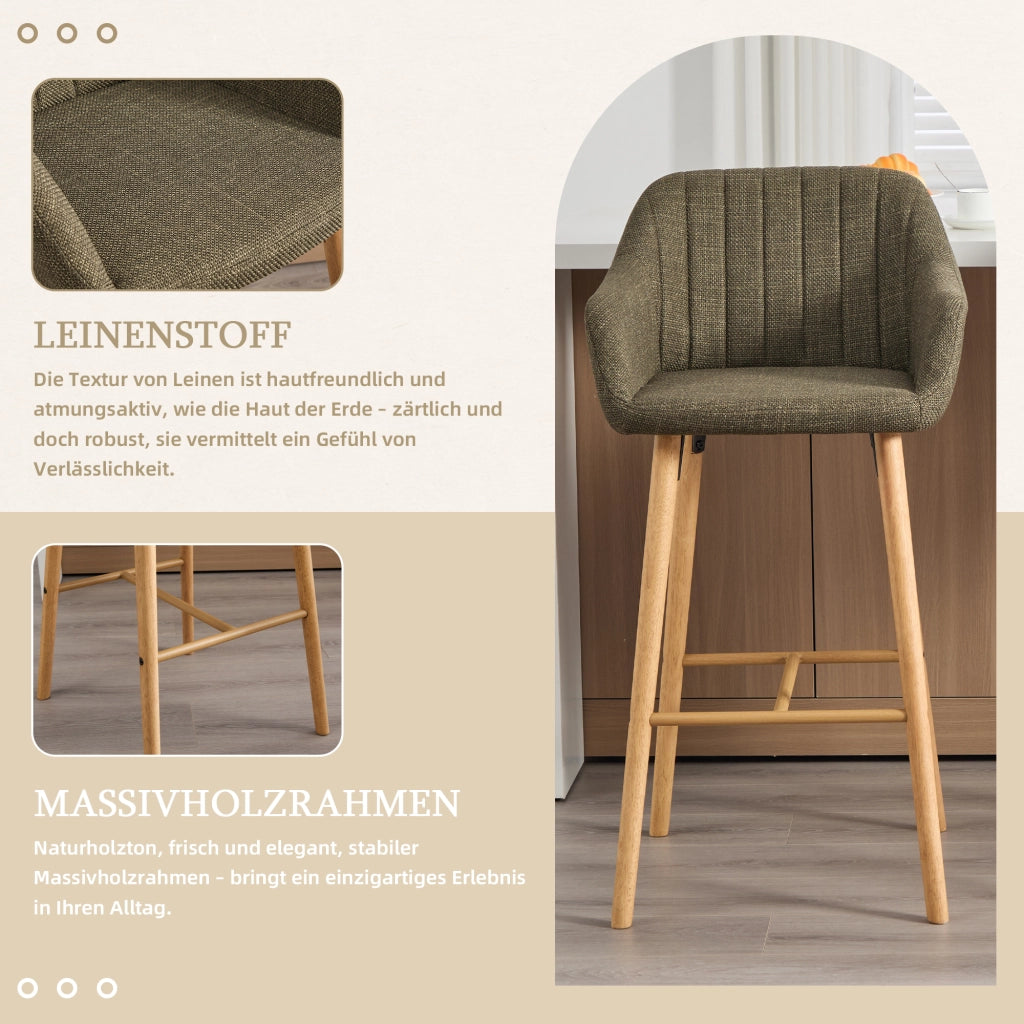 Sgabello da bar set da 2 con schienale alto e braccioli in lino verde e gambe in legno per cucina con poggiapiedi