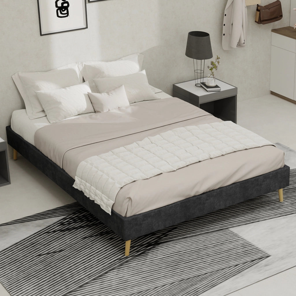 Letto matrimoniale 140 × 200 cm con struttura stabile, senza testiera e senza materasso, in tessuto e metallo, grigio