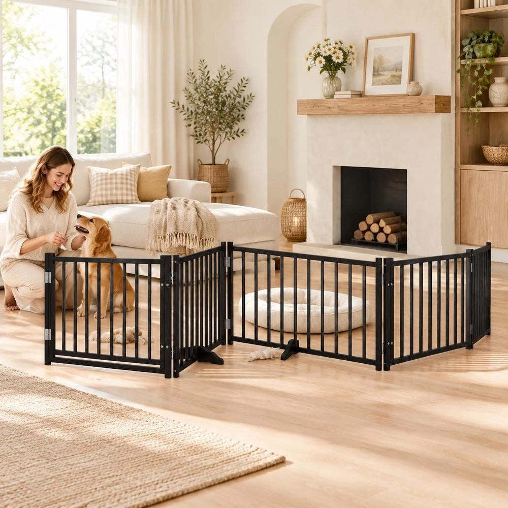 8-piece Dog Gate With Door, Foldable, Black, 640 Cm, Poplar Wood