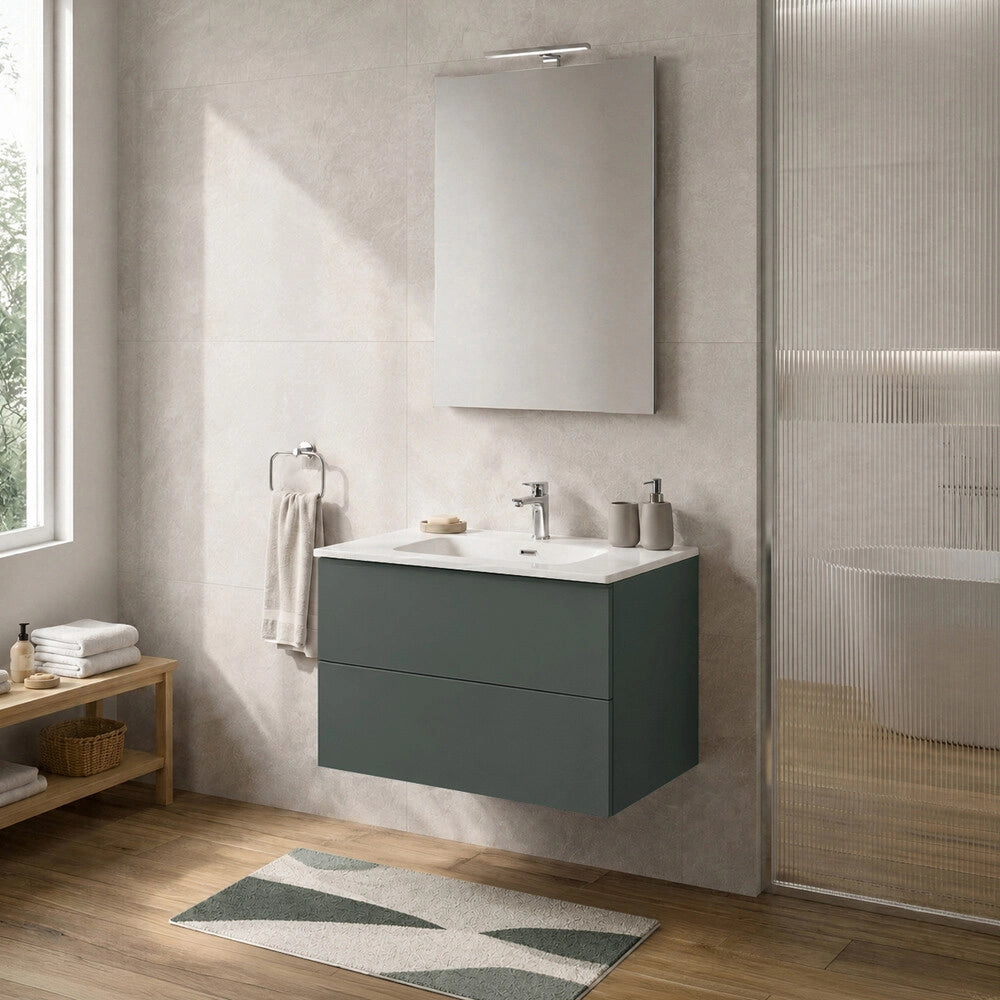 Mobile bagno sospeso 70 cm verde due cassetti push-pull e lavabo Tierra
